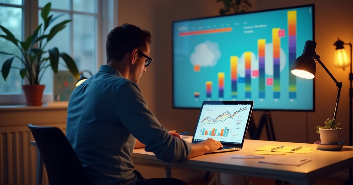 Profissional analisando gráficos de mercado em laptop
