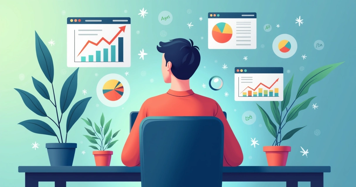 Gráficos coloridos com dados de mercado sendo analisados em um notebook