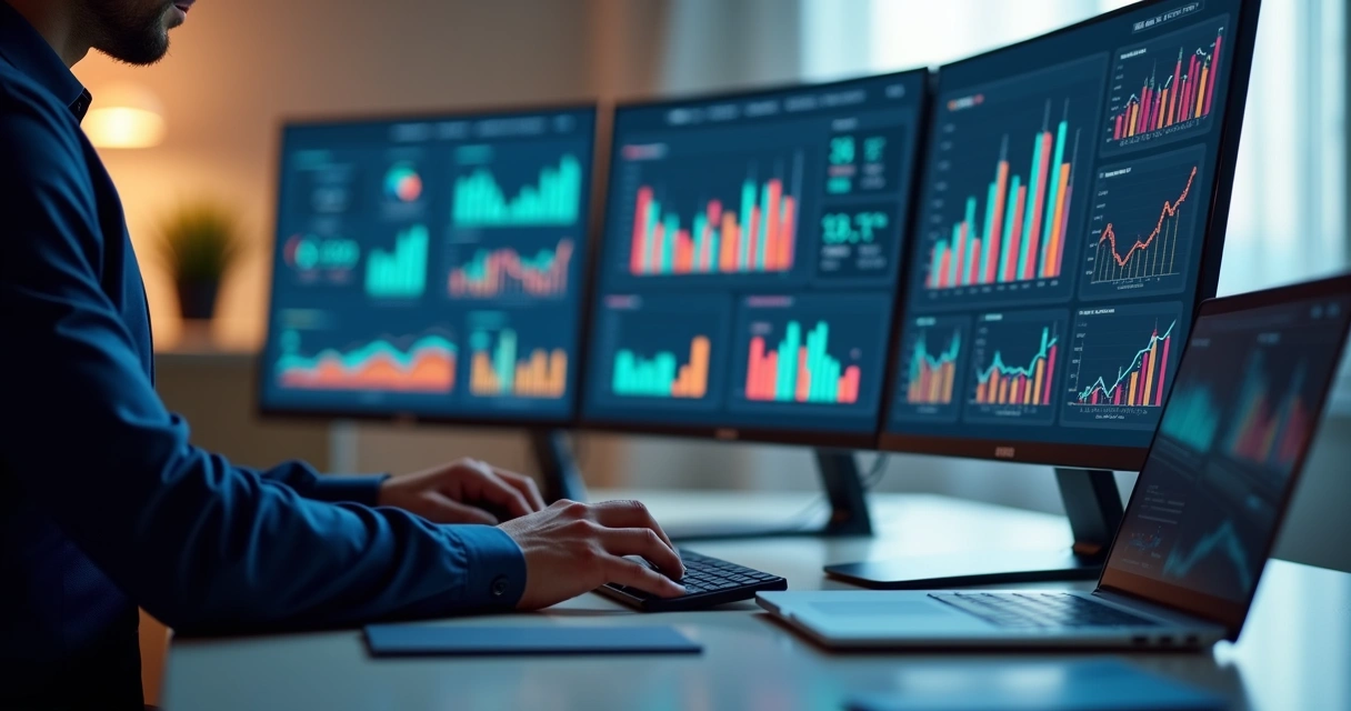 Pessoa analisando gráficos de vendas e dados financeiros em múltiplos monitores modernos 