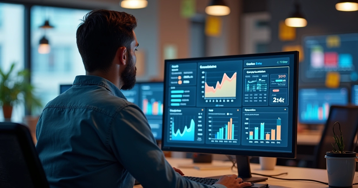 Profissional analisando gráficos de métricas em tela de computador