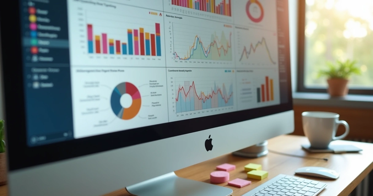 Tela de computador mostrando gráficos e métricas do funil de pré-vendas 