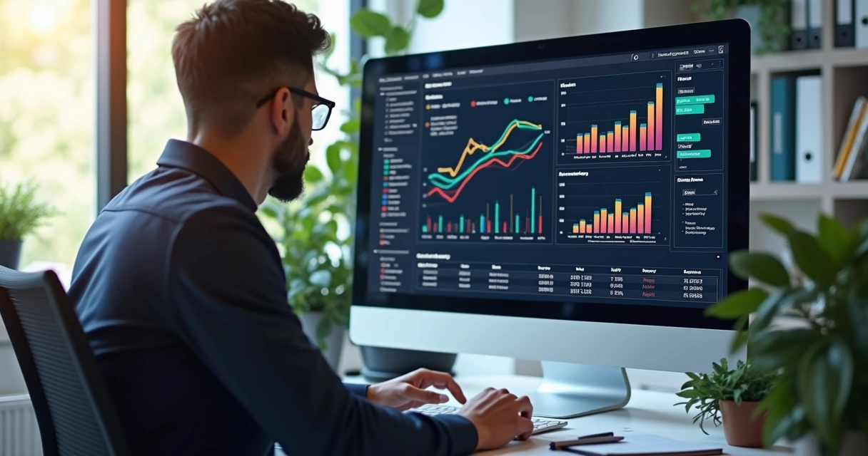Pessoa analisando gráficos de mídia paga em computador com indicadores de vendas e ROI 