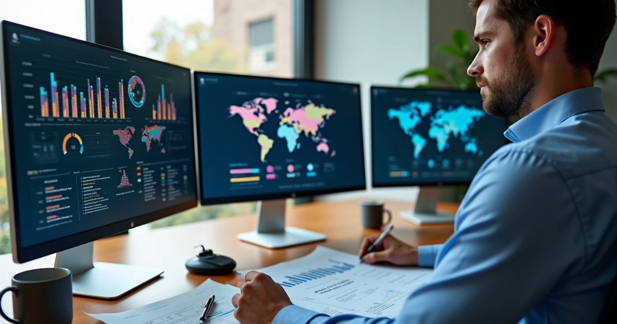 Profissional analisando gráficos de marketing em tela de computador 