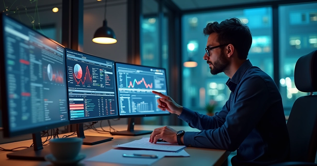 Analista financeiro avaliando dados de crédito em múltiplas telas com gráficos e números negativos destacados 