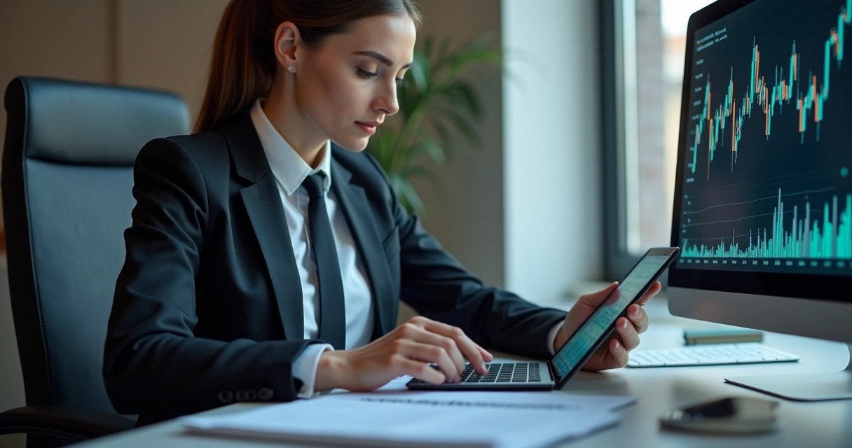 Profissional analisando gráficos financeiros em tablet