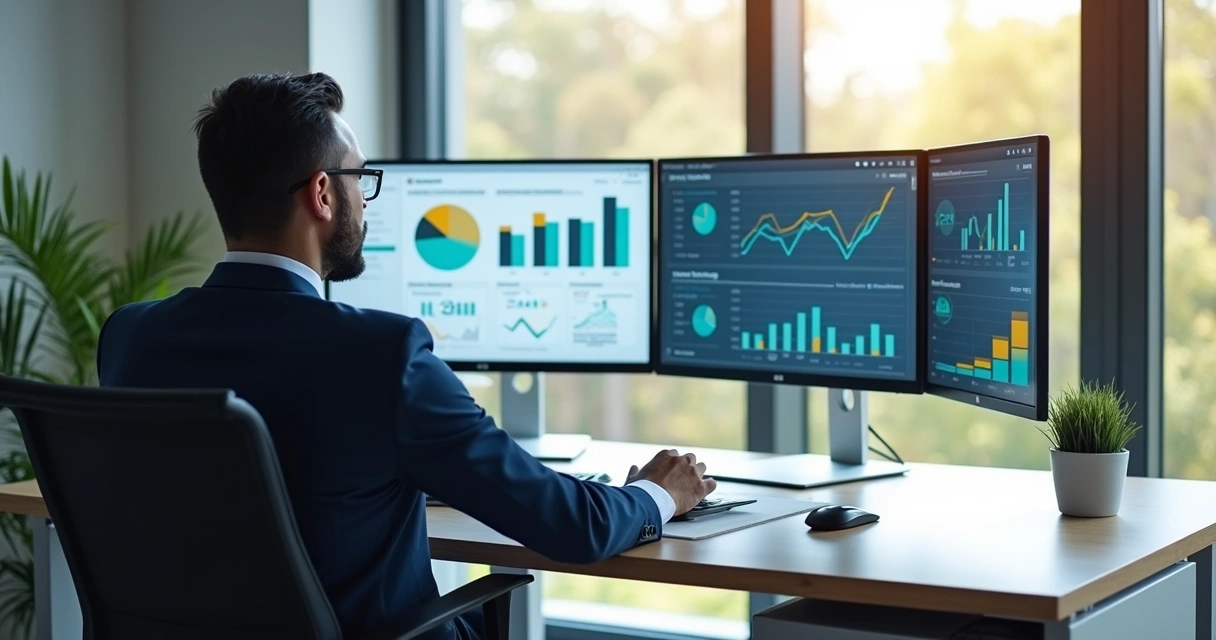 Gestor avaliando gráficos com indicadores de dados de vendas e atendimento 