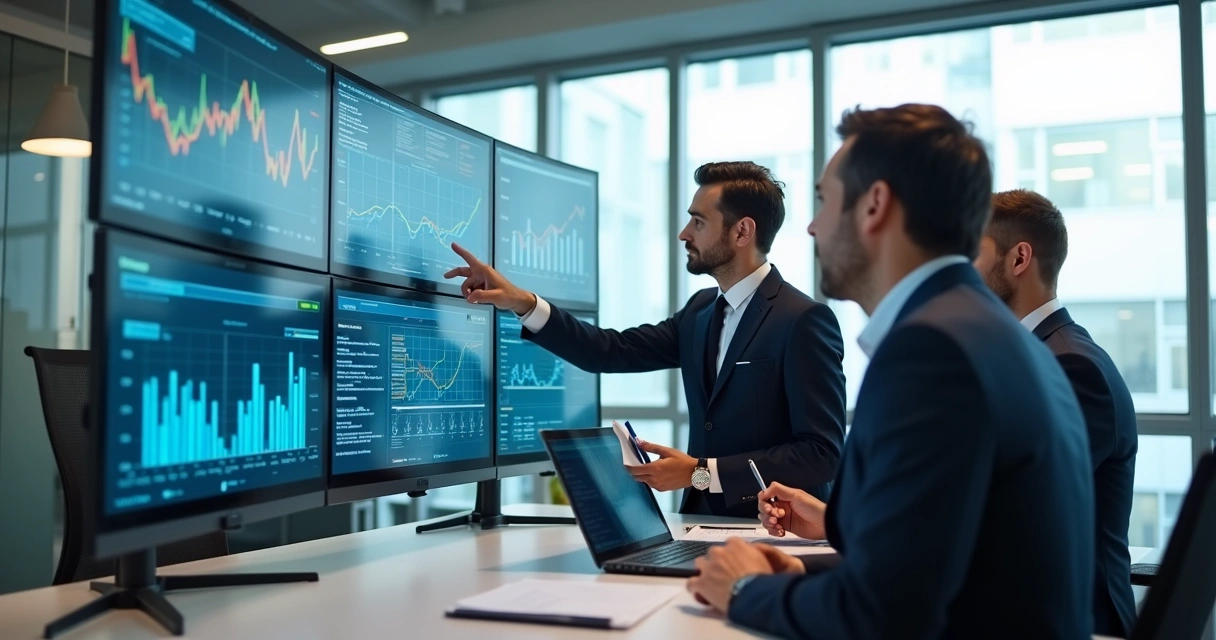Três profissionais analisando gráficos e dados em telas grandes