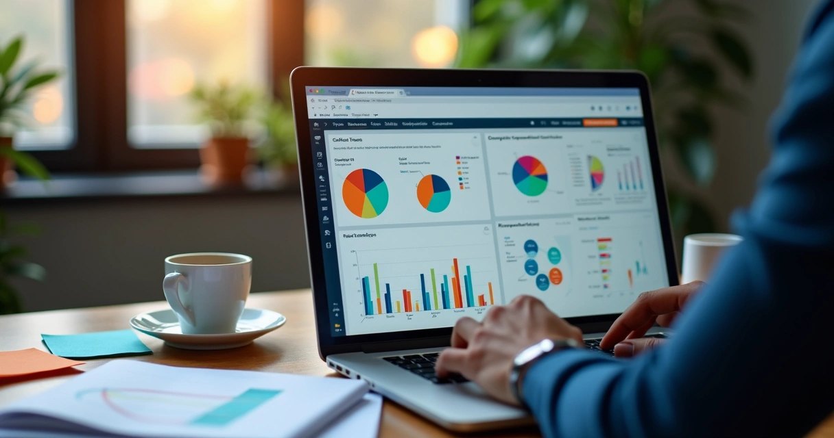 Profissional analisando gráficos em notebook com planilhas e gráficos digitais, ambiente moderno 