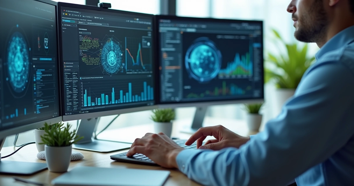 Analista usando software de inteligência artificial em notebooks com gráficos