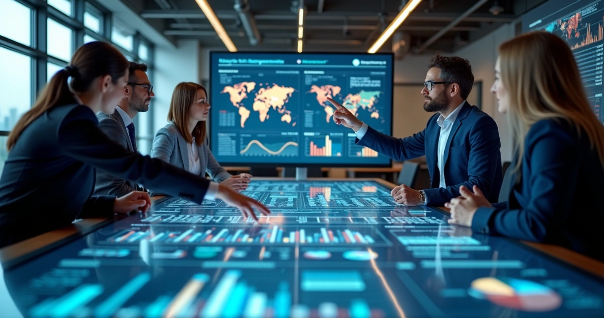 Equipe reunida analisando painéis de dados empresariais digitais