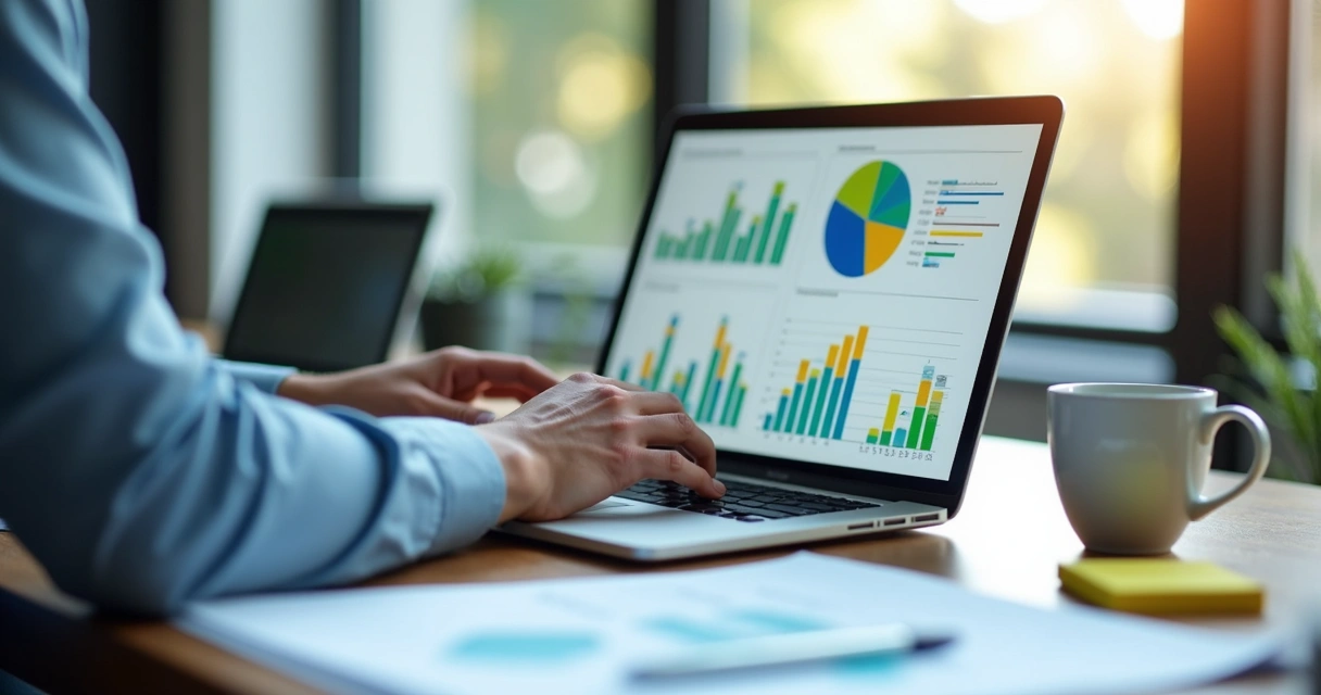 Profissional analisando dados em notebook com gráficos coloridos na tela 