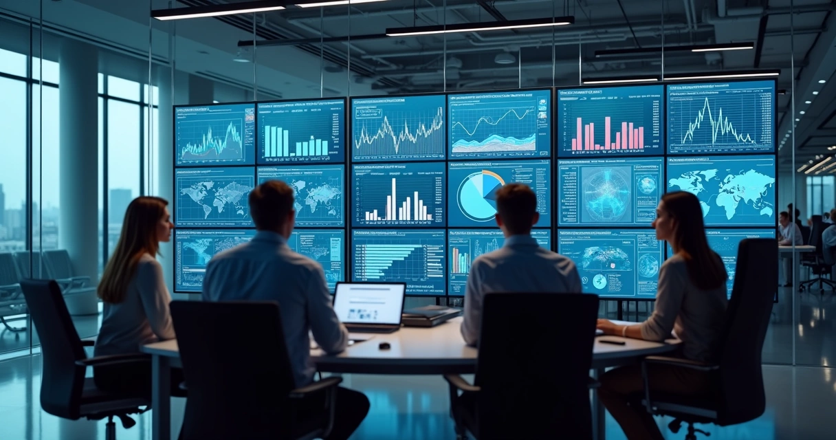 Equipe analisando dados e gráficos em grandes telas.