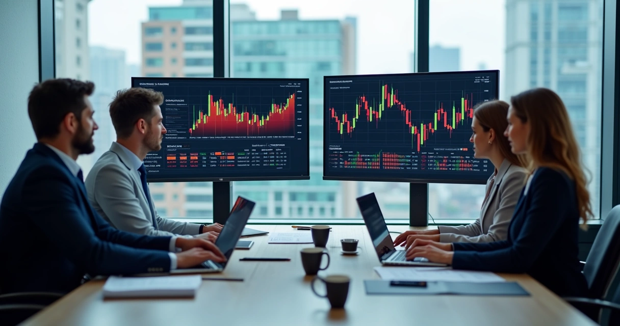 Equipe analisando gráficos em notebooks e monitores em uma mesa de escritório moderna