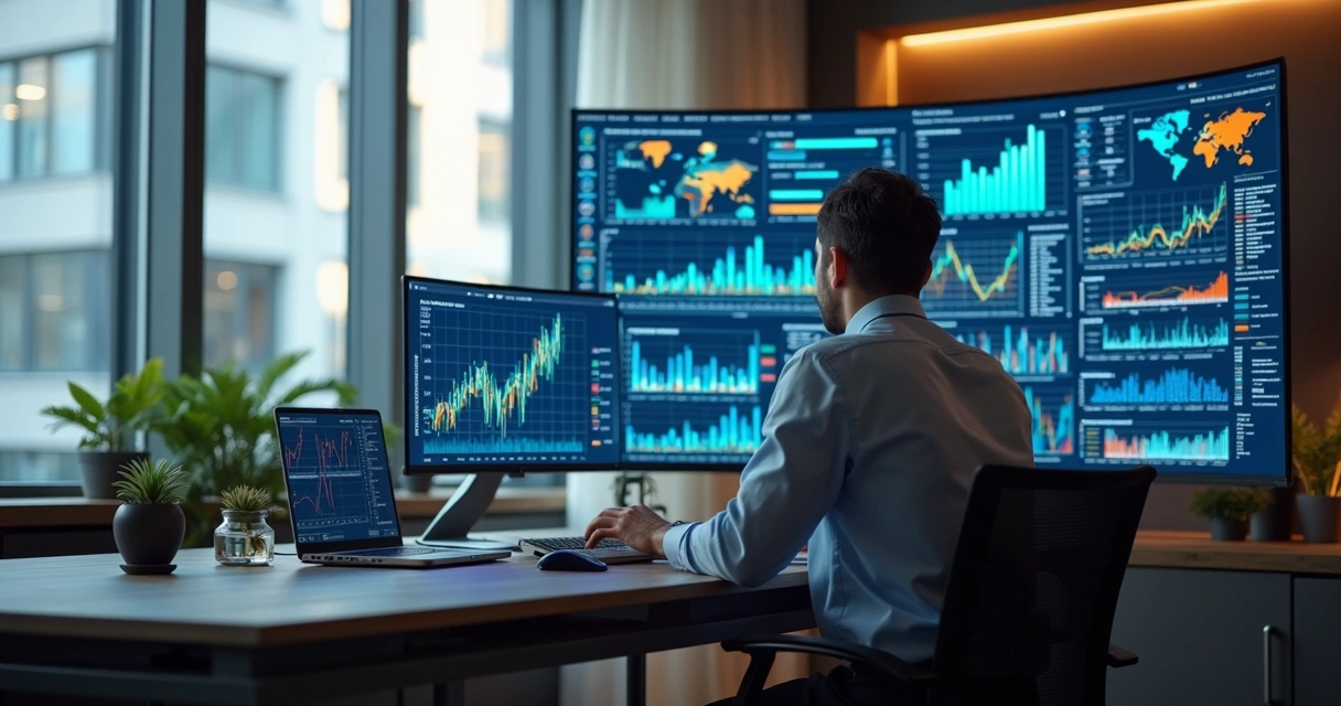 Profissional usando software inteligente para análise de dados empresariais 