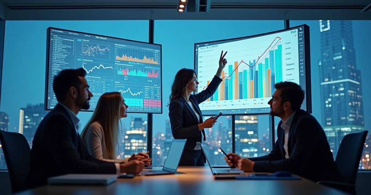 Equipe analisando dados de negócios em gráficos digitais 