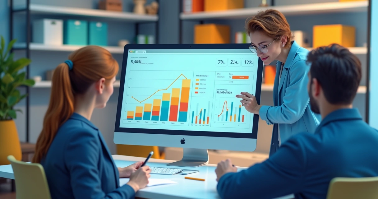 Gráficos de vendas e indicadores de desempenho em tela de computador em um escritório 