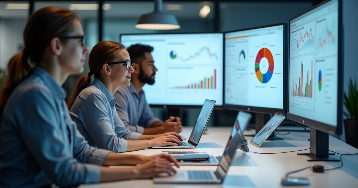 Equipe de análise de dados olhando gráficos específicos de mercado