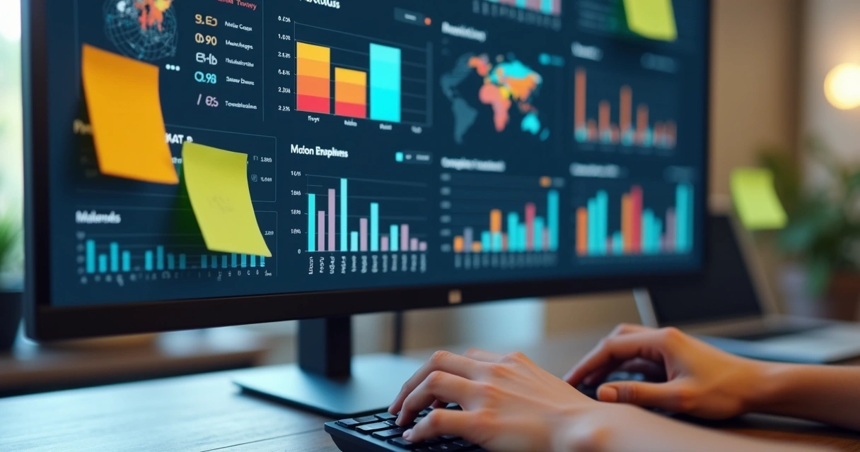 Tela de computador mostrando análise de dados de satisfação, NPS, CSAT, gráficos coloridos