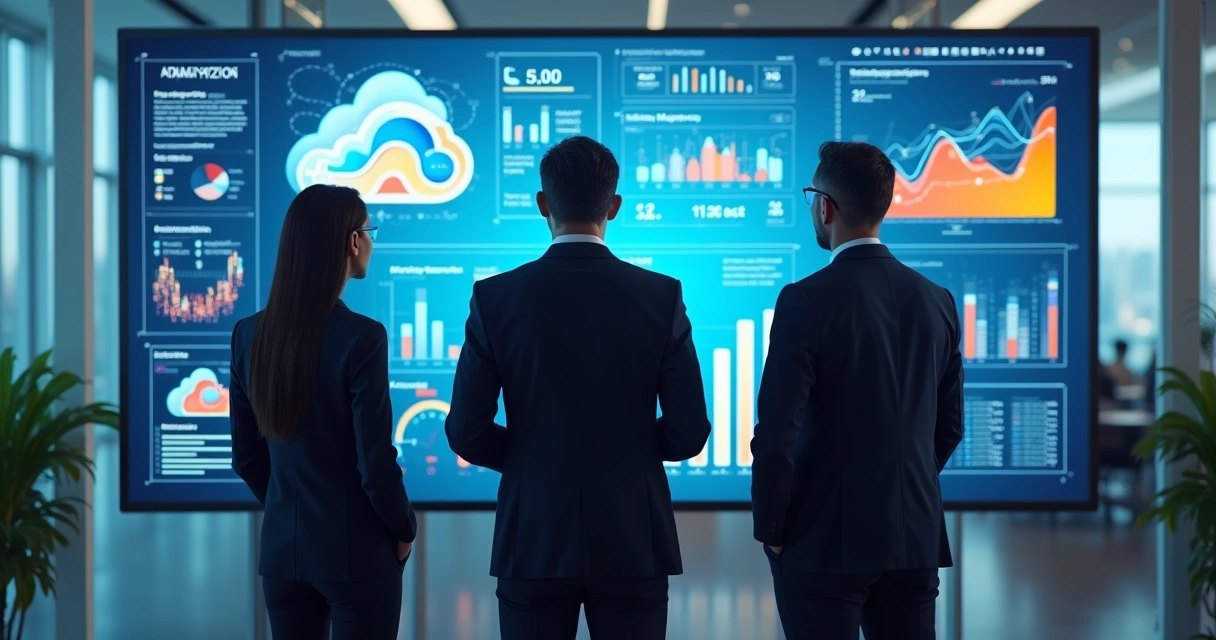 Equipe analisando dashboards de dados empresariais em ambiente de nuvem 