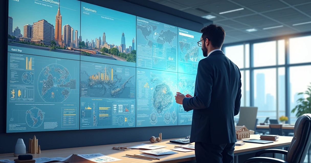 Profissional analisando dados de obras em tela digital 