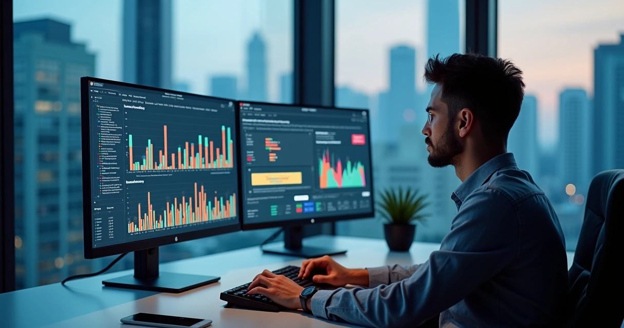 Profissional analisando gráficos financeiros em múltiplas telas 