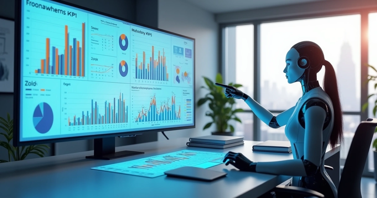 Painel digital de análise de dados com gráficos e assistente digital