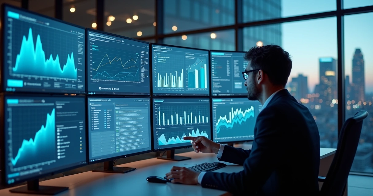 Profissional analisando dados operacionais em telas digitais