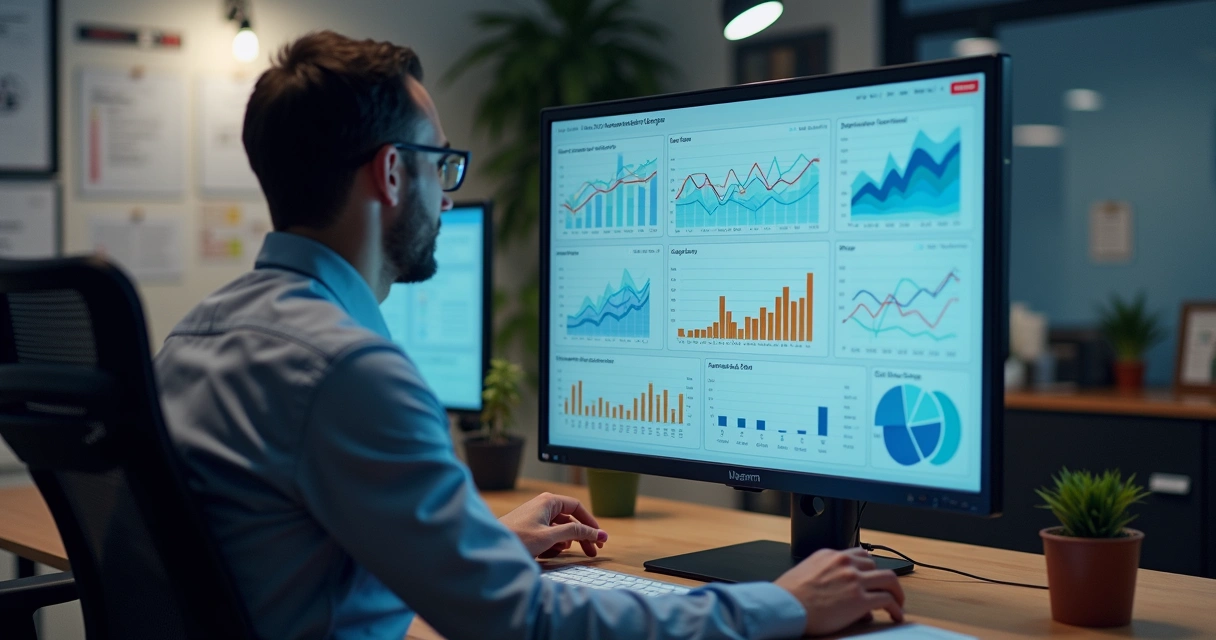 Painel digital exibindo gráficos de análise de comportamento de clientes 