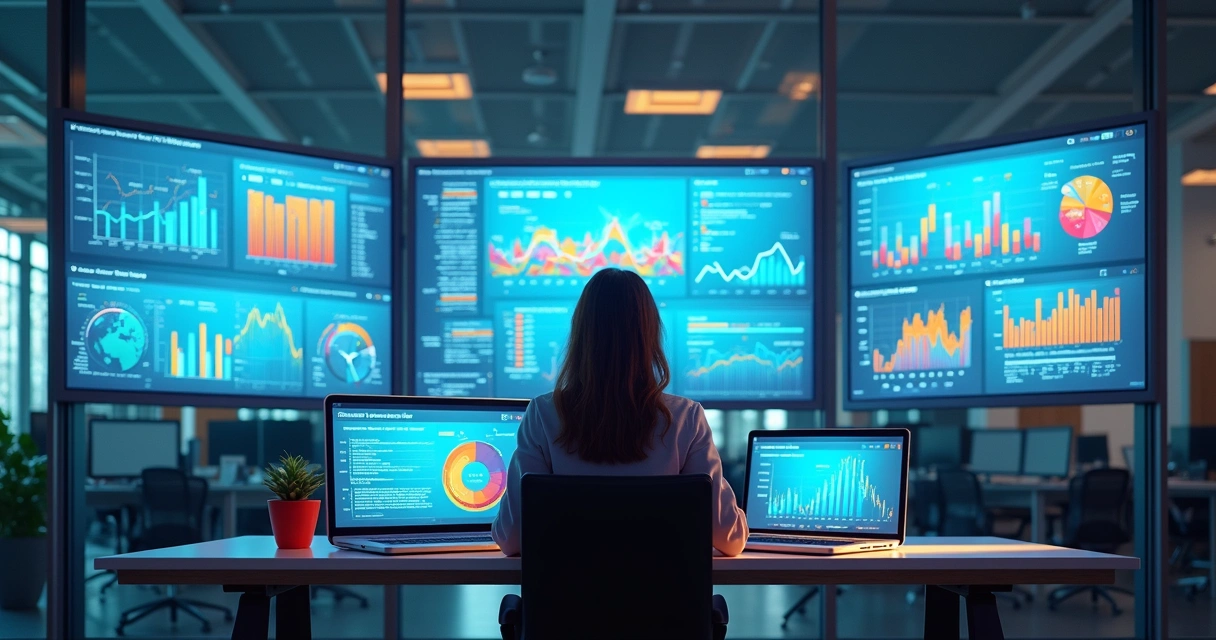 Empresária revisando dashboards coloridos em telões de dados 