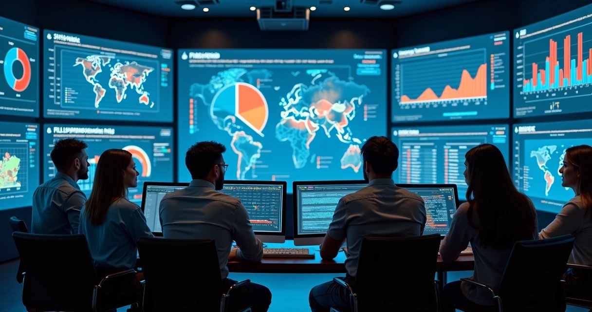 Equipe avaliando dados de parceiros em setores variados, com gráficos e mapas de risco na tela 