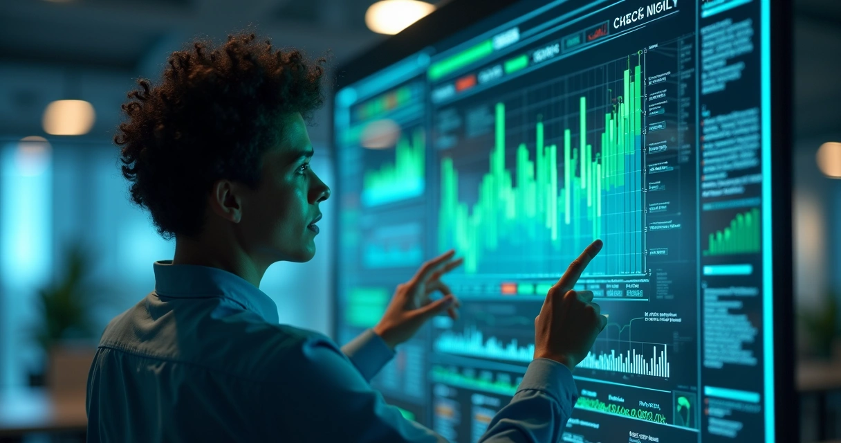 Profissional analisando gráficos de IA em tela transparente