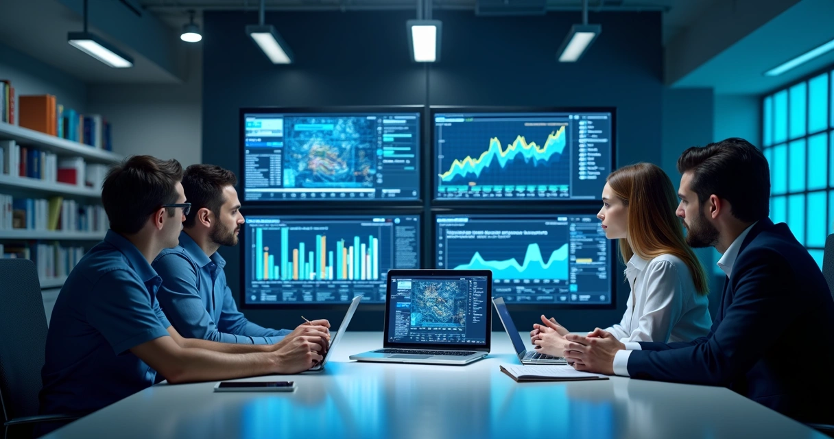 Profissionais analisando dados em múltiplas telas com gráficos financeiros e indicadores de risco para detectar fraudes em parcerias b2b 