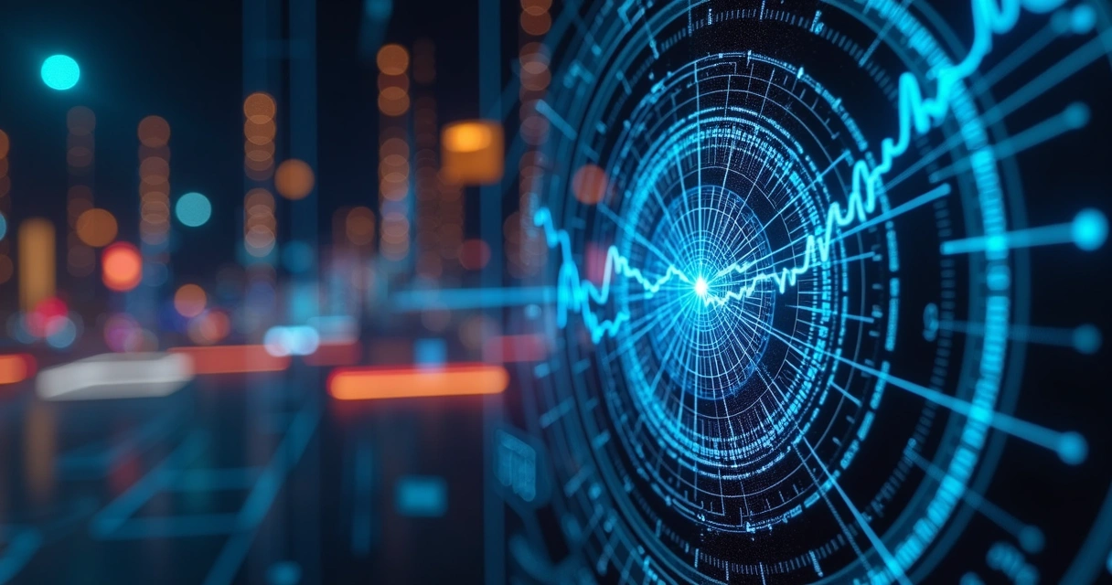 Painel digital mostrando análise de dados com gráficos coloridos e logos de patrocinadores integrados 