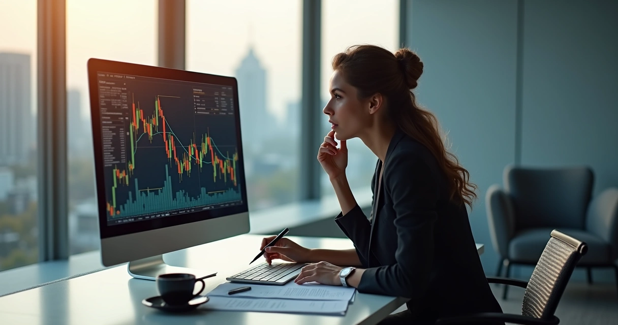 Gestora analisando gráficos financeiros em desktop em ambiente moderno 