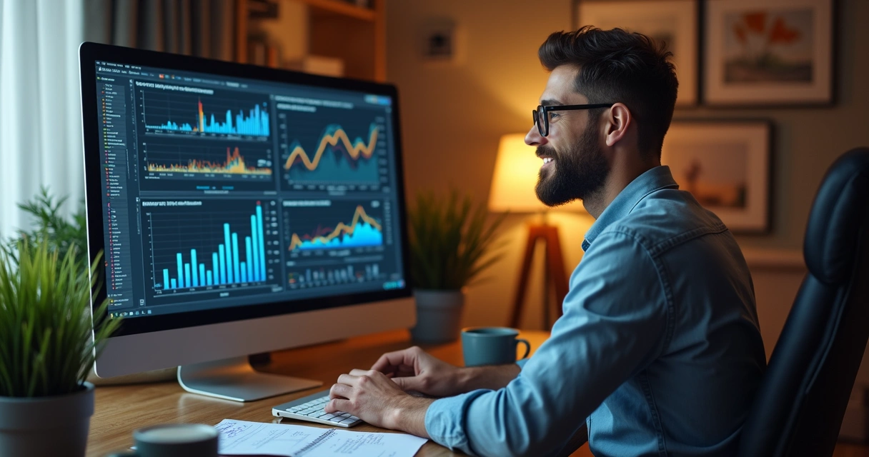 Dono de pequena empresa analisando gráficos digitais na tela 