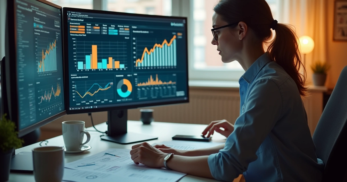 Empreendedora analisando gráficos em computador