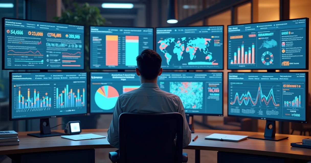 Profissional analisando dados de clientes em dashboards digitais 