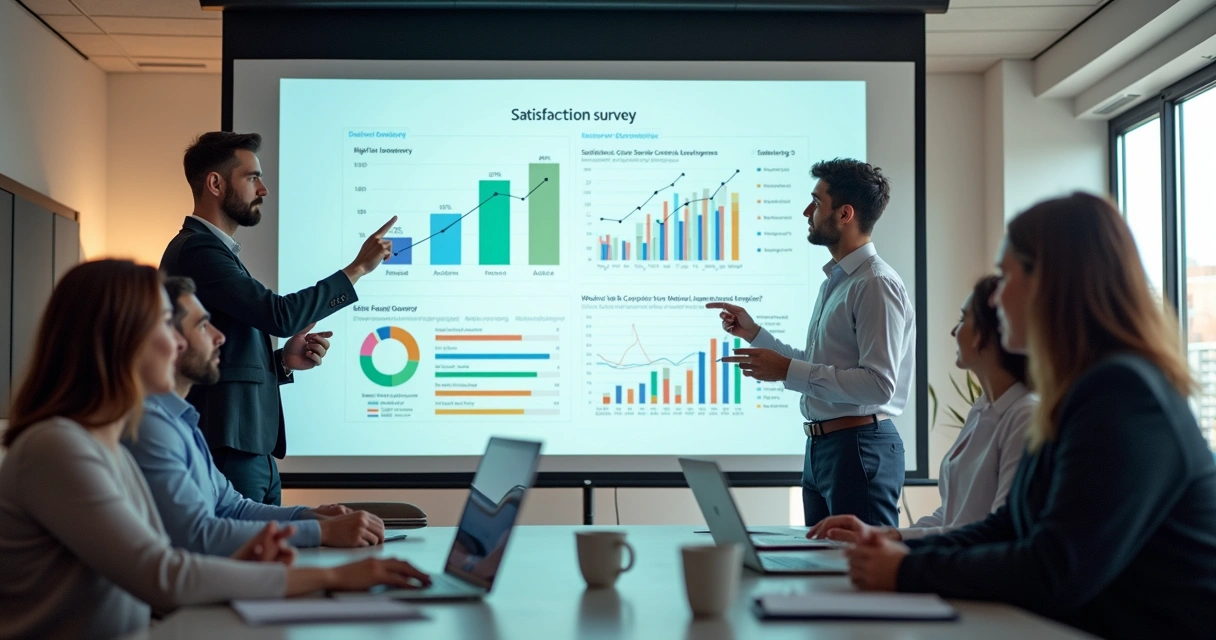 Equipe analisando gráficos de pesquisa de satisfação em escritório