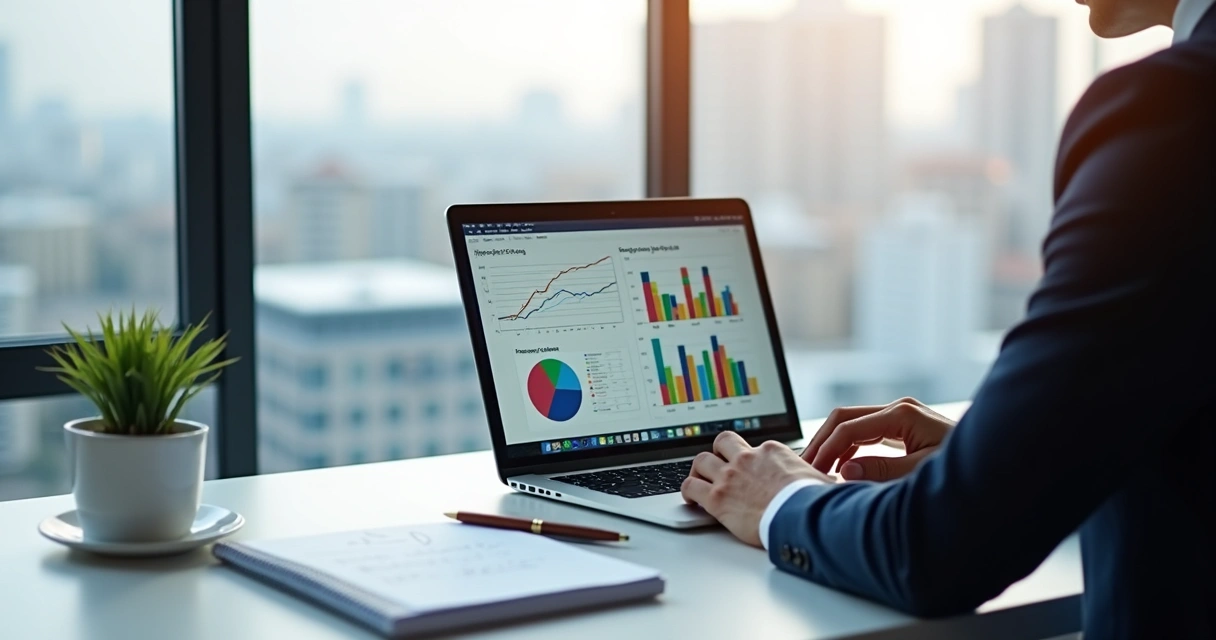 Profissional analisando dados em um notebook com gráficos de riscos psicossociais na tela e anotações ao lado