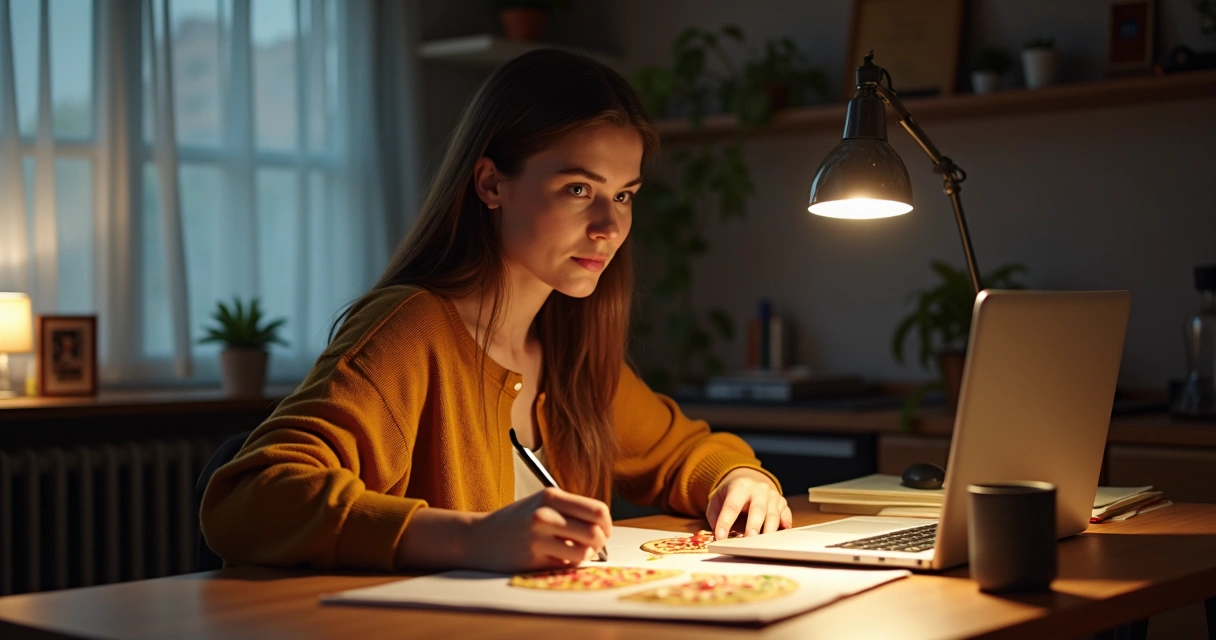 Pessoa analisando gráfico de dados em notebook em ambiente doméstico 