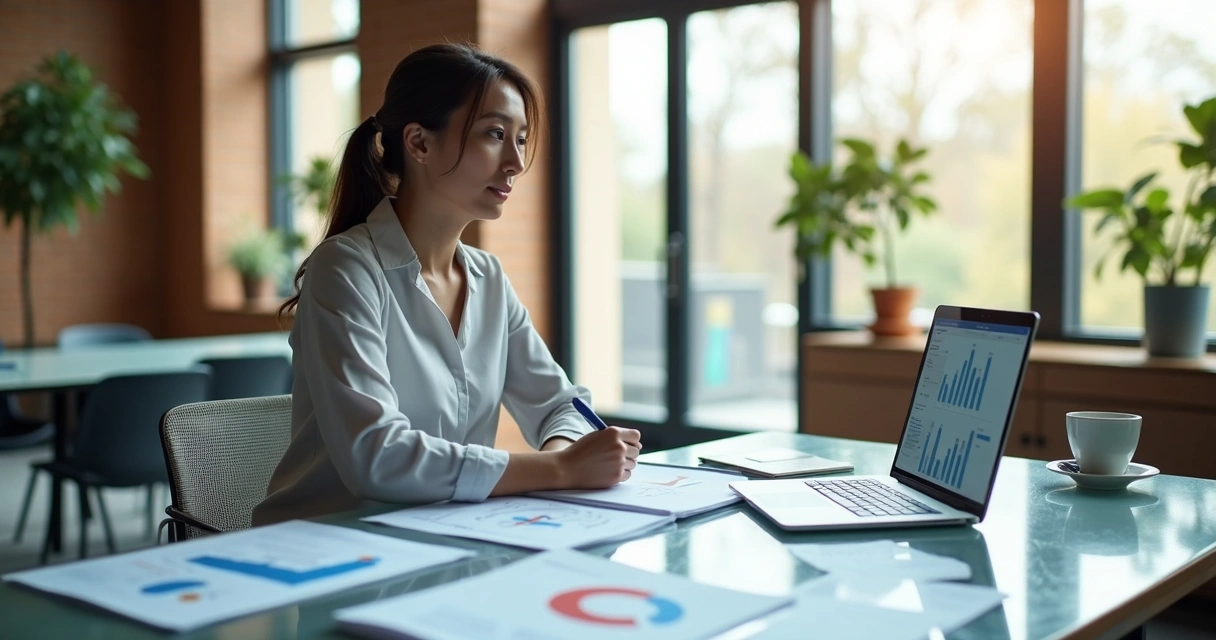 Executiva analisando gráficos de dados de pessoas em um escritório moderno 