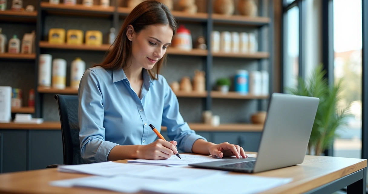 Pessoa analisando documentos fiscais com produtos pet 