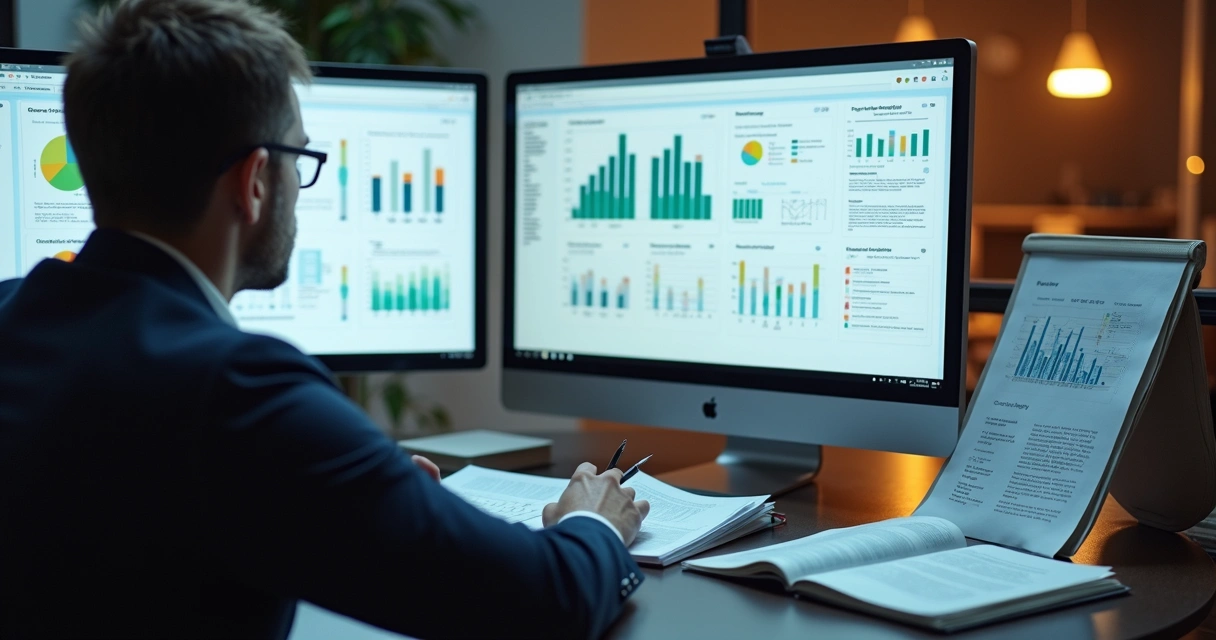 Profissional analisando gráficos e documentos de propriedade intelectual na tela do computador 