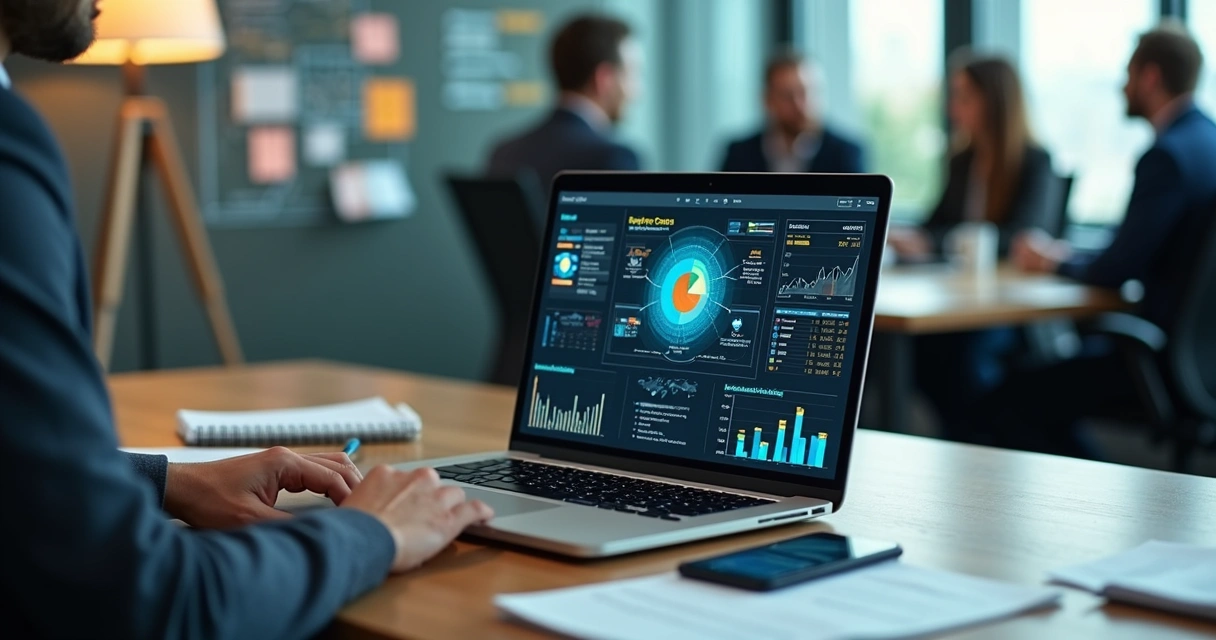 Gestor de pequena empresa analisando painel de dados colorido no notebook 