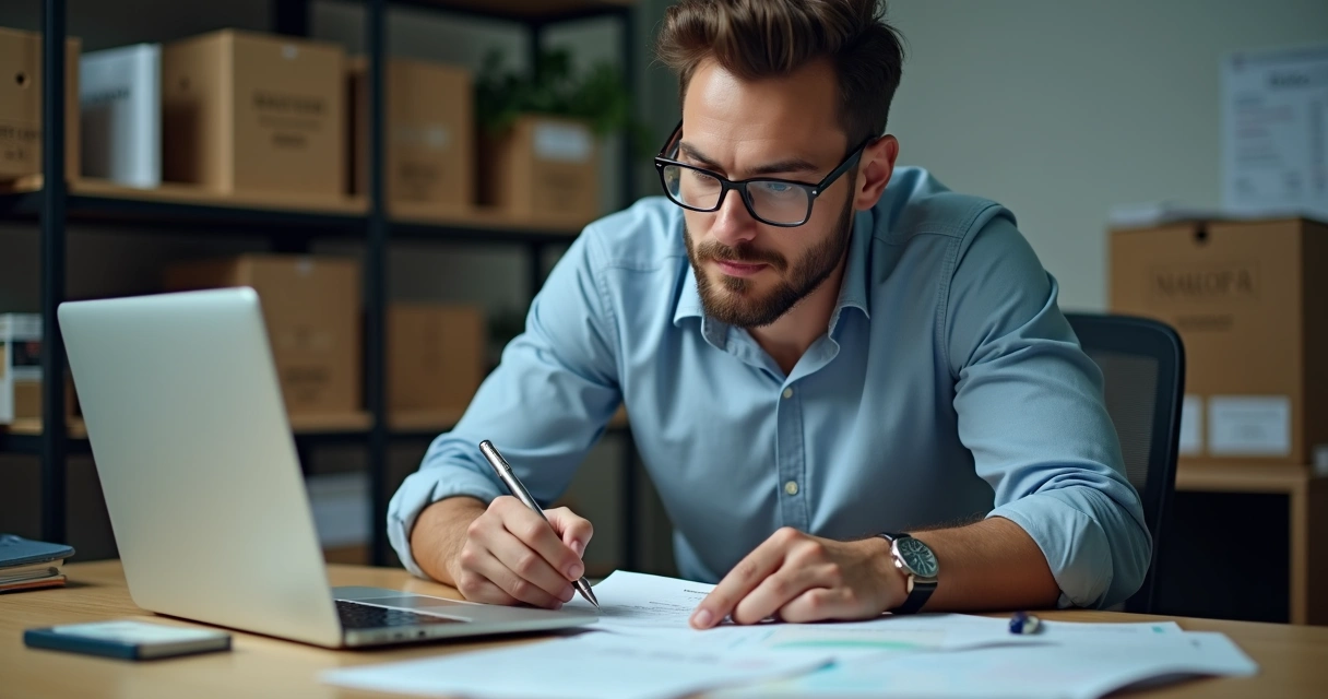 Dono de comércio local analisando dados de vendas em planilha 