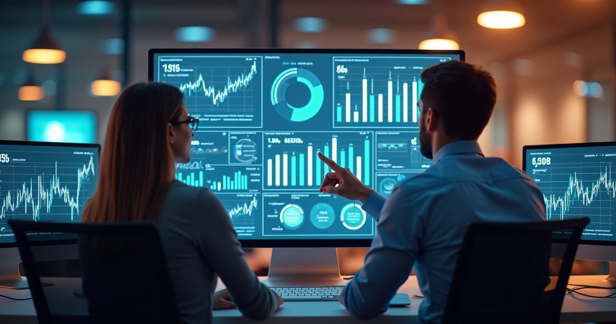 Pequena equipe analisando gráficos digitais com dados de vendas em painel iluminado 