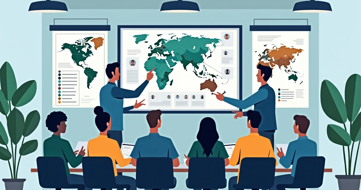 Equipe analisando gráficos, fichas e mapas digitais em sala de reunião.
