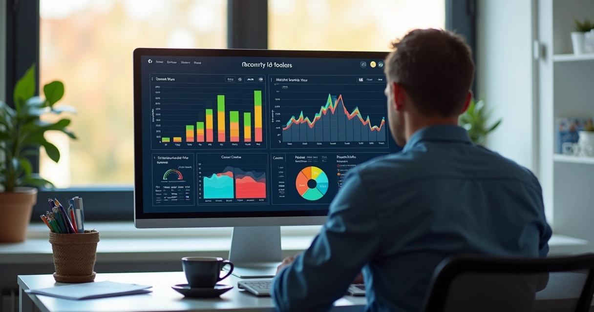 Gestor analisando dados de ponto no computador com gráficos de horários 