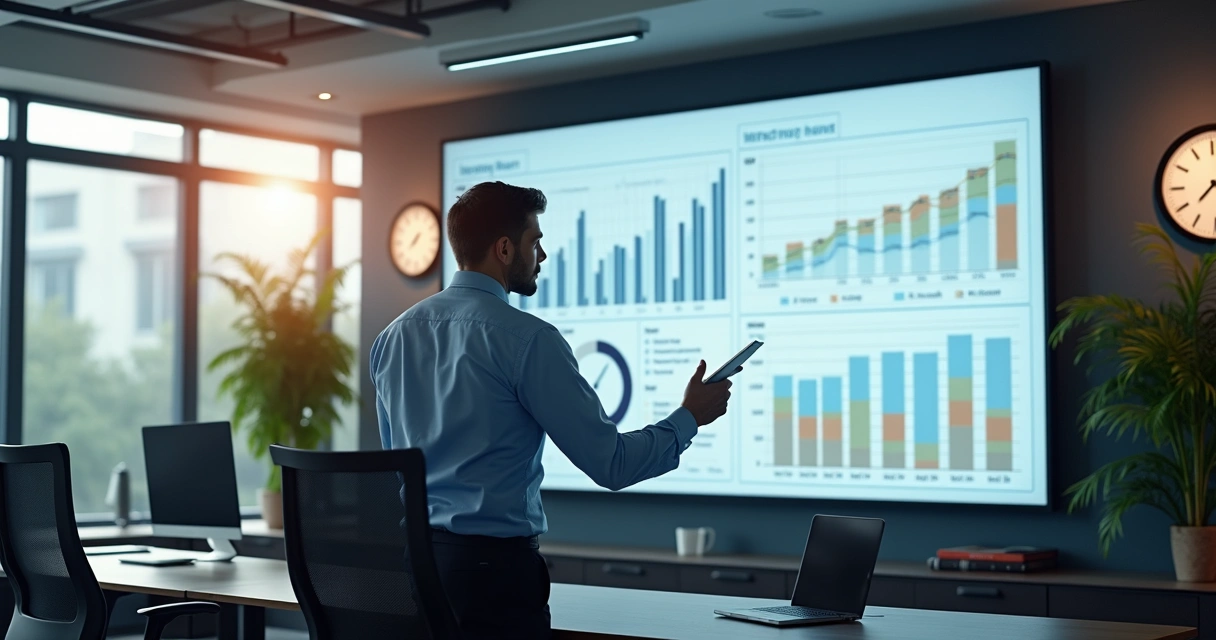 Gestor analisa gráficos de horas trabalhadas no escritório 