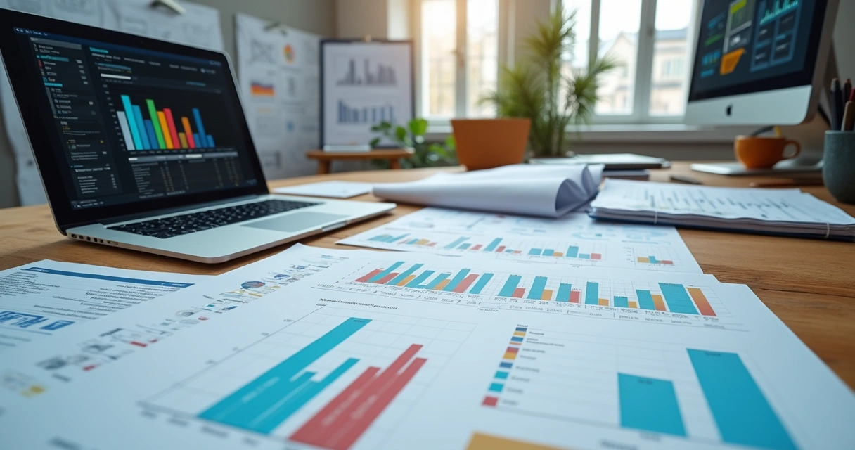 Planilhas e gráficos de análise de dados da construção civil sobre mesa de escritório 